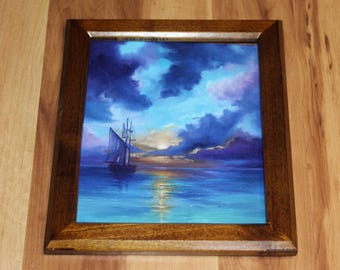 Peinture à l'huile originale 8 x 10" - eaux pastel voile voilier coucher de soleil ciel nuageux paysage bleu violet - petite oeuvre d'art murale
