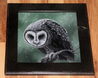 8x8" Original Mini Oil Painting Flat Panel - Sooty Owl Pet Portrait Wild Animal Snowy Snow Green Black White Animal - Small Wall Art