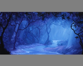 Impresión artística - Cascada iluminada por la luna, azul, púrpura, noche, paisaje forestal - Elija tamaño: 5x10", 6x12", 8x16", Impresión, paisaje de arena, arte de pared