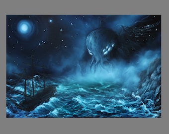May include: A dark blue and black ship sails on a stormy sea at night. A large, shadowy, tentacled creature with glowing eyes emerges from the water in the background. The sky is filled with stars and a bright moon.