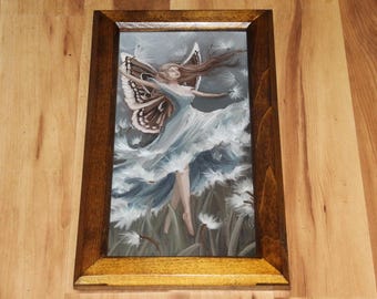 Oryginalny miniaturowy obraz olejny 6x12" na płaskim panelu - niebieski, biały, mlecz, pyłek kwiatowy, wróżka, wróżka, baśniowa sceneria - mała sztuka ścienna