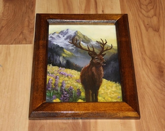 6x8" Original Oil Painting Flat Panel - Golden Mountain Elk Deer Landscape Animal Portrait - Small Canvas Wall Art