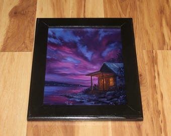 8x10" Original Oil Painting - Sunset Cabin Evening Night Lake Cloudy Skies Purple Blue Scenery - Small Wall Art