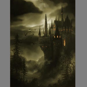 Konsttryck - Vampyrslott Herrgård Grönt Spöklikt Fantasilandskap Väggkonst - Välj Storlek 10x15 cm 13x18 cm 20x25 cm 30x43 cm TRYCK bild 1