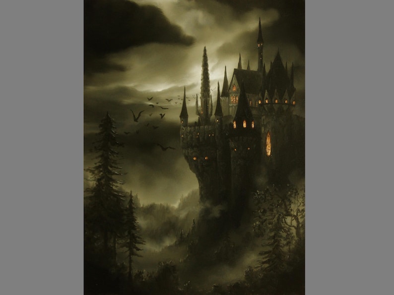 Konsttryck - Vampyrslott Herrgård Grönt Spöklikt Fantasilandskap Väggkonst - Välj Storlek 10x15 cm 13x18 cm 20x25 cm 30x43 cm TRYCK bild 1