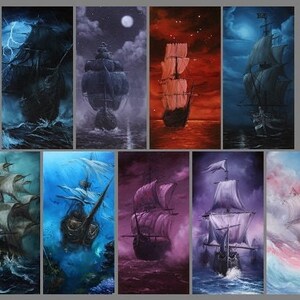 May include: A collection of ten digital paintings depicting a ship sailing on the sea under different weather conditions. The ships are all similar in design, with tall masts and billowing sails. The seas are depicted in a variety of colors, from stormy grey to calm blue. The paintings are all in a realistic style.
