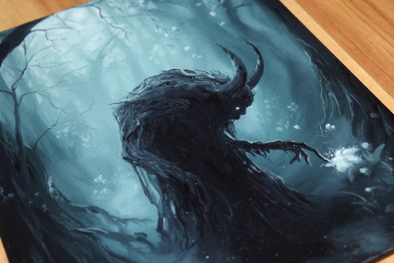 8x10" Original Oil Painting - Spooky Monster Evil Creature Shadow Forest Fantasy Landscape Scenery - Small Wall Art image 11