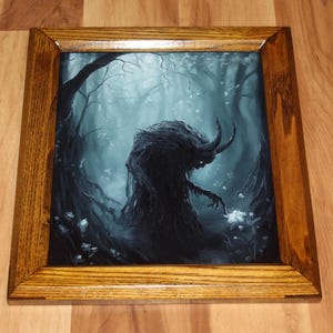 8x10" Original Oil Painting - Spooky Monster Evil Creature Shadow Forest Fantasy Landscape Scenery - Small Wall Art Framed (brown)