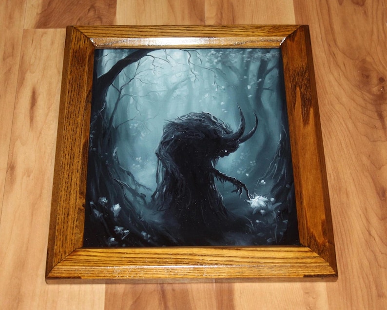 8x10" Original Oil Painting - Spooky Monster Evil Creature Shadow Forest Fantasy Landscape Scenery - Small Wall Art Framed (brown)