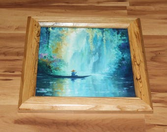 8x8" Original Mini Oil Painting Flat Panel - River Asian Rowboat Quiet Stream Blue Summer Landscape - Small Wall Art