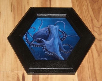 5-6" Original Mini Oil Painting Hexagon Flat Panel - Purple Blue Octopus Cephalopod Tentacles Sea Ocean Underwater - Small Canvas Wall Art