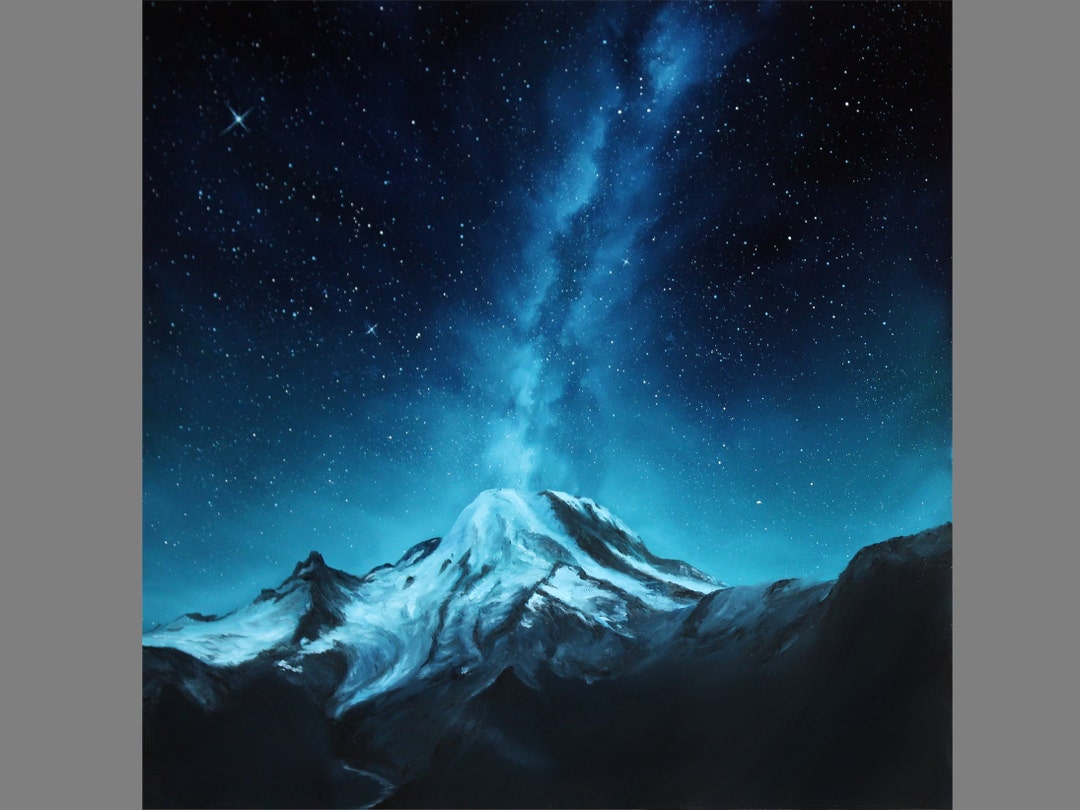 Art PRINT - Mount Rainier Milky Way Galaxy Snowy Snowcapped Mountain ...