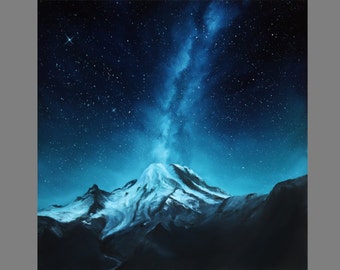 Art PRINT - Mount Rainier Milky Way Galaxy Snowy Snowcapped Mountain Landscape Starry Sky Wall Art - Choose Size 8x8", 10x10" 12x12" PRINTS