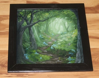 12x12" Original Oil Painting - Green Forest Trees Walkway Hidden Flower Path Quiet Footsteps Enchanted Landscape Wall Art