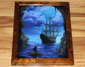 16x20" Original Oil Painting - Hidden Treasure Cave Pirate Ship Cloudy Ocean Waves Boat Pirates Blue Purple - Fantasy Seascape Wall Art