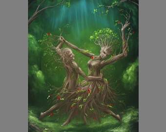 LÁMINA ARTÍSTICA - Espíritus del Bosque Oscuro Encantado, Dríades, Árboles Danzantes - Arte mural de paisaje fantástico - Elija tamaño: 4x6", 5x7", 8x10", 12x16"