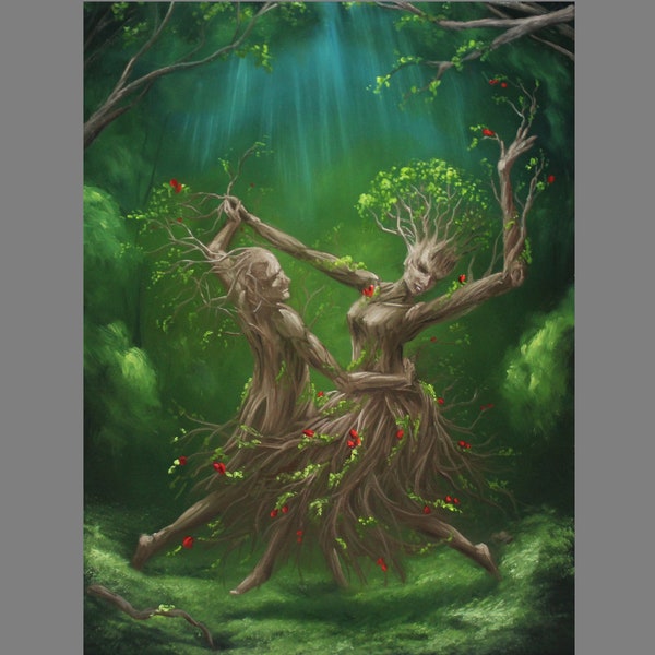 Art PRINT - Enchanted Dark Forest Spirits Dryads Dancing Trees -  Fantasy Landscape Wall Art - Choose Size 4x6" 5x7" 8x10" 12x16" PRINTS