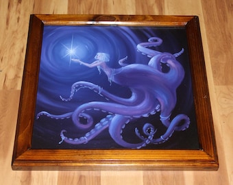 16x16" Original Oil Painting - Blue Purple Octomaid Octopus Mermaid Siren Ocean Underwater Deep Sea Creature - Fantasy Wall Art