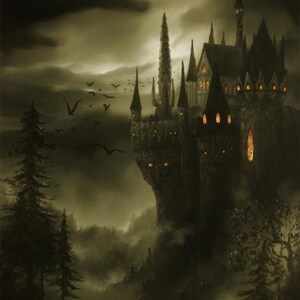 Konsttryck - Vampyrslott Herrgård Grönt Spöklikt Fantasilandskap Väggkonst - Välj Storlek 10x15 cm 13x18 cm 20x25 cm 30x43 cm TRYCK bild 5