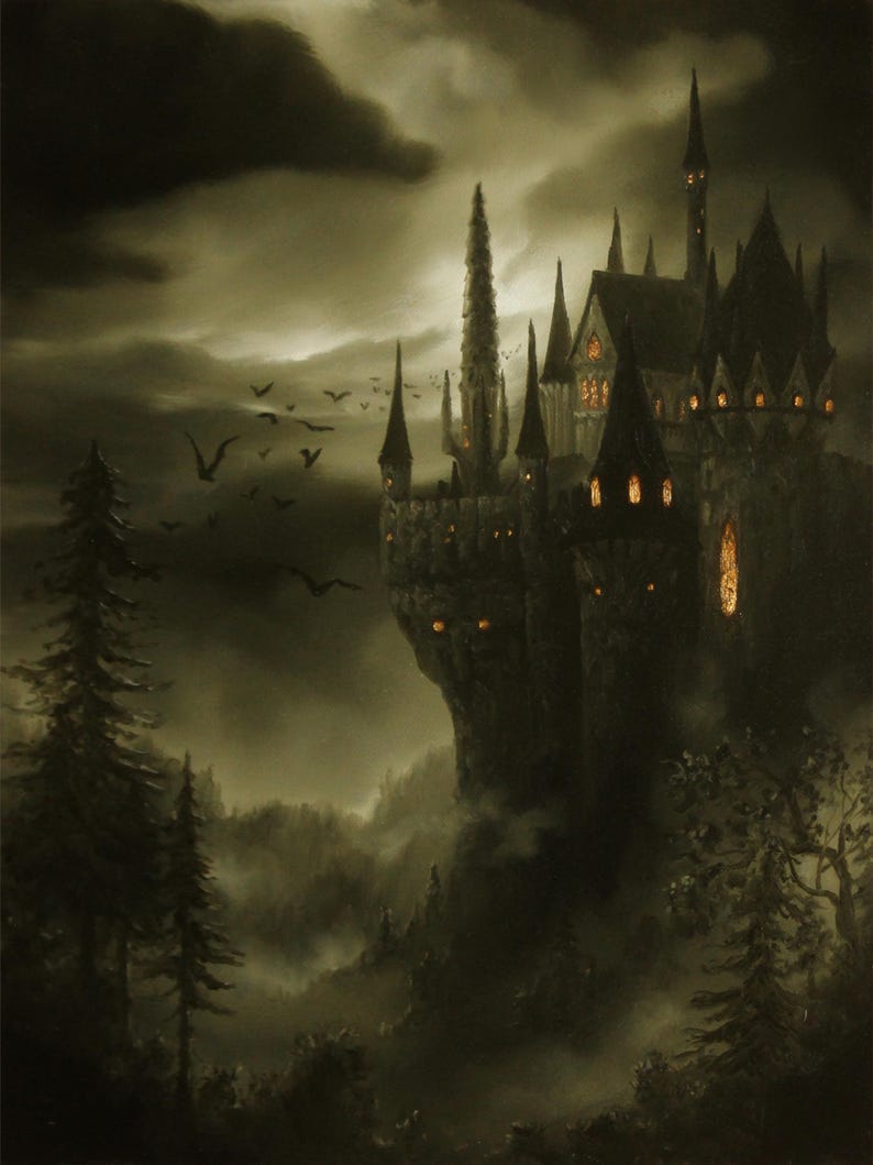 Konsttryck - Vampyrslott Herrgård Grönt Spöklikt Fantasilandskap Väggkonst - Välj Storlek 10x15 cm 13x18 cm 20x25 cm 30x43 cm TRYCK bild 5