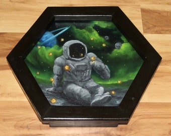 12" Hexagon Original Oil Painting - Astronaut Meets Space Butterflies Fairies Yellow Green - Surreal Sci Fi Outer Space Spacescape Wall Art