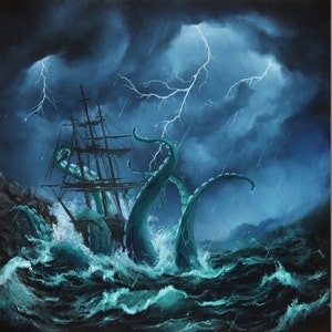 Art PRINT - blauw turkoois schip Storm Ocean Octopus Monster Lovecraftian Fantasy Horror muurkunst - Kies grootte 10 x 10&quot; 12 x 12&quot; PRINTS