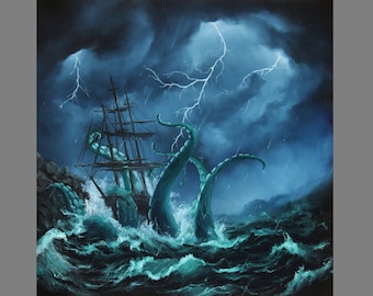 May include: A dark blue and green painting of a ship being attacked by a giant octopus in a stormy sea. Lightning strikes in the background.
