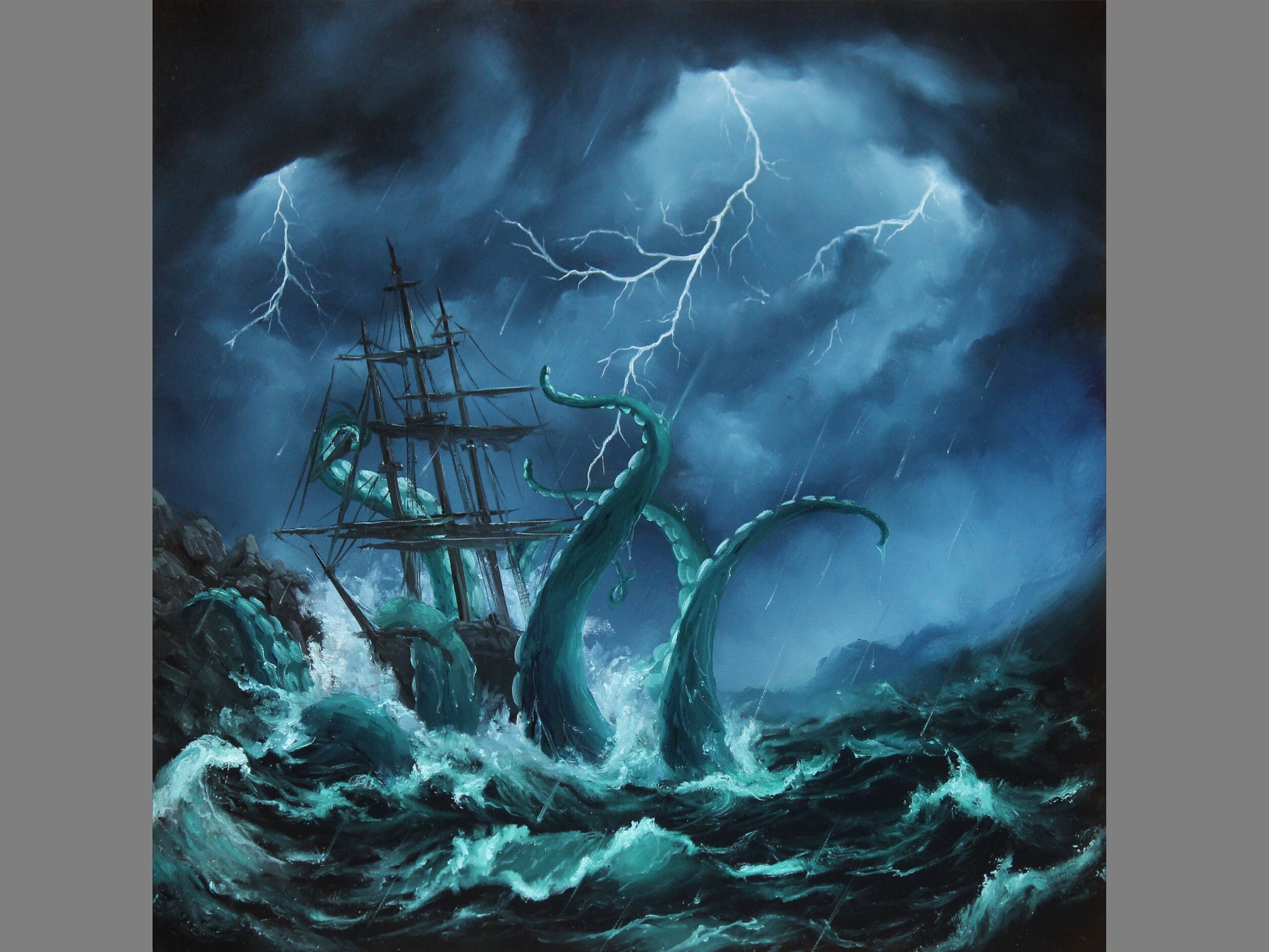 Art PRINT - Blue Turquoise Ship Storm Ocean Octopus Monster