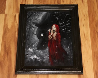 12x16" Original Oil Painting - Red Riding Hood Wolf Witch Red Black White Fantasy Forest Landscape Scenery - Wall Art