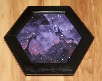7.5" Hexagon Original Oil Painting - Eagle Nebula Pillars Purple Outer Space Galaxy NASA Starry Stars Astronomy - Spacescape Wall Art