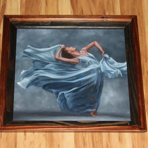 16x16&quot; Original Oil Painting - Blue Dancer Dancing Wind Pretty Classical Dance Ballet - People Portrait Figure Wall Art