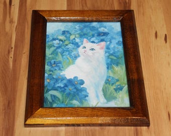 6x8" Original Oil Painting Flat Panel - White Cat Cute Kitten Looking Up Blue Flowers Garden Animal Portrait - Small Canvas Wall Art