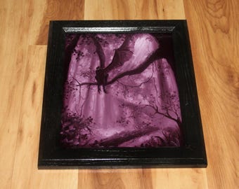 8x10" Original Oil Painting - Spooky Monster Evil Creature Watcher Forest Fantasy Landscape Scenery - Small Wall Art