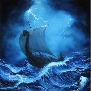 Art PRINT - Lightning Viking Longboat Dark Blue Foggy Night Ship Sailing Ocean - Seascape Wall Art - Choose Size 8x8&quot;, 10x10&quot; 12x12&quot; PRINTS