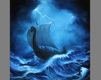 Konsttryck - Blixt Viking Långbåt Mörkblå Dimmig Nattskepp Seglandskap Hav - Väggkonst Marinlandskap - Välj Storlek 20x20 cm, 25x25 cm 30x30 cm TRYCK
