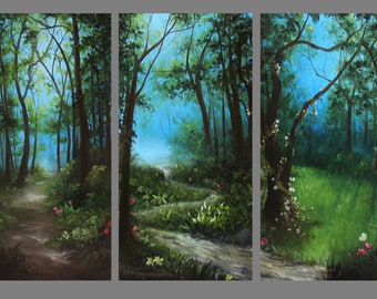 Art PRINT - Green Forest Landscape River Stream Path Flowers Blue Brown - Choisissez la taille 5x10", 6x12" 8x16" PRINTS Paysage Paysage Wall Art