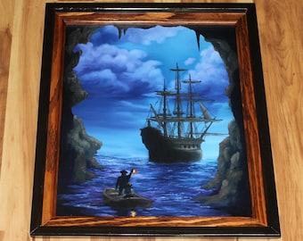 16x20" Original Oil Painting - Hidden Treasure Cave Pirate Ship Cloudy Ocean Waves Boat Pirates Blue Purple - Fantasy Seascape Wall Art