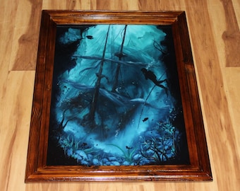 18x24" Original Oil Painting - Sunken Ship Shipwreck Diver Sea Ocean Dark Underwater Fantasy Seascape Scenery - Large Wall Art