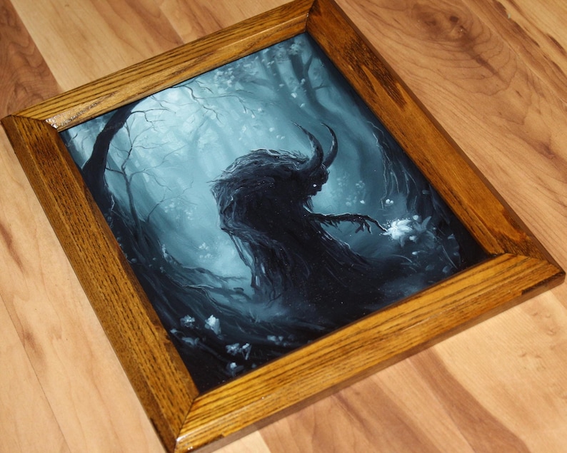 8x10" Original Oil Painting - Spooky Monster Evil Creature Shadow Forest Fantasy Landscape Scenery - Small Wall Art image 6