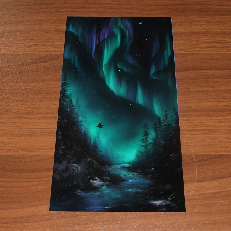 May include: A painting of a dark green forest with a river flowing through it. The sky is a vibrant green and blue with a swirling aurora borealis. A single bird flies in the sky.