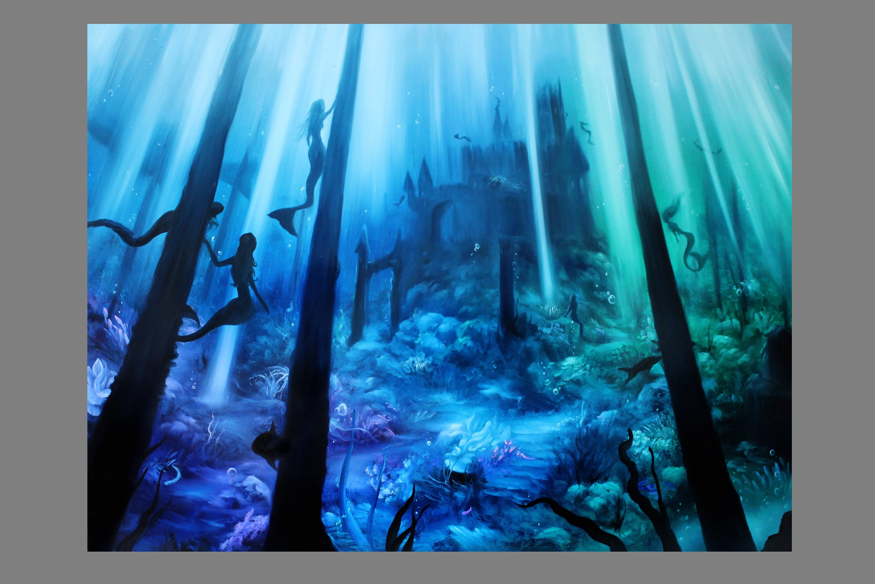 Art PRINT - Mermaid Castle Enchanted Underwater Ocean Dark Blue