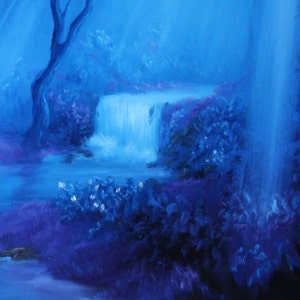 May include: A serene, blue-toned painting depicts a waterfall cascading into a pool, surrounded by lush, purple-hued foliage. A tree stands on the left, adding depth to the landscape. The artwork evokes a sense of tranquility and natural beauty.