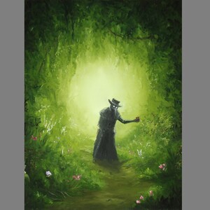 May include: A shadowy figure in a long black coat and a wide-brimmed hat stands in a lush green forest. The figure holds out a red flower in their hand. The forest is filled with green foliage and pink flowers.