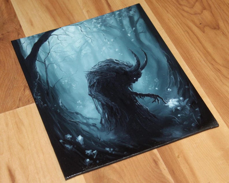 8x10" Original Oil Painting - Spooky Monster Evil Creature Shadow Forest Fantasy Landscape Scenery - Small Wall Art image 10