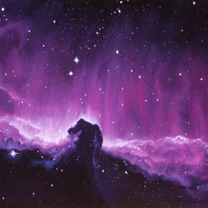 May include: A vibrant painting of a nebula in space, showcasing shades of purple and pink. The artwork depicts a cosmic scene with stars and a prominent cloud formation, evoking a sense of wonder and the vastness of the universe.
