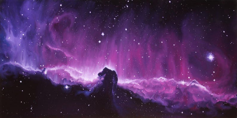 May include: A vibrant painting of a nebula in space, showcasing shades of purple and pink. The artwork depicts a cosmic scene with stars and a prominent cloud formation, evoking a sense of wonder and the vastness of the universe.