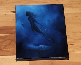 8x10" Original Oil Painting - Mermaid Underwater Ocean Sea Dark Blue Shadow - Fantasy Wall Art