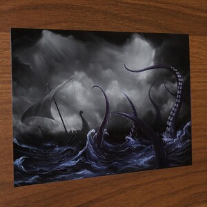 Art PRINT Viking Longboat Ship Lovecraftian Monster Horror Fantasy Ocean Storm Wall Art Choose Size 4x6 5x7 8x10 12x16 PRINTS Print Only