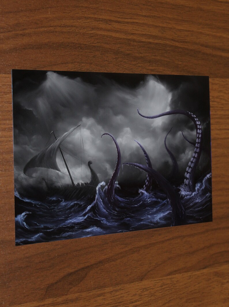 Art PRINT Viking Longboat Ship Lovecraftian Monster Horror Fantasy Ocean Storm Wall Art Choose Size 4x6 5x7 8x10 12x16 PRINTS Print Only