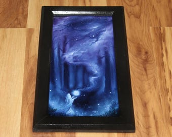6x12" Original Mini Oil Painting Flat Panel - Forest Witch Night Goddess Fantasy Fairytale Scenery - Small Wall Art